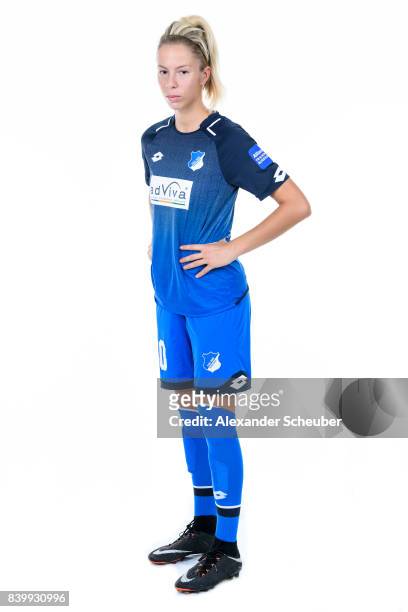 Sharon Beck of 1899 Hoffenheim poses during the Allianz Frauen Bundesliga Club Tour at Hoffenheim Trainingszentrum on August 23, 2017 in St....