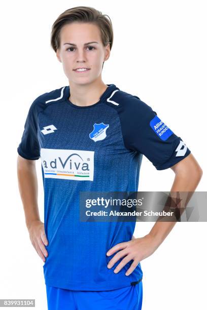 Dora Zeller of 1899 Hoffenheim poses during the Allianz Frauen Bundesliga Club Tour at Hoffenheim Trainingszentrum on August 23, 2017 in St....