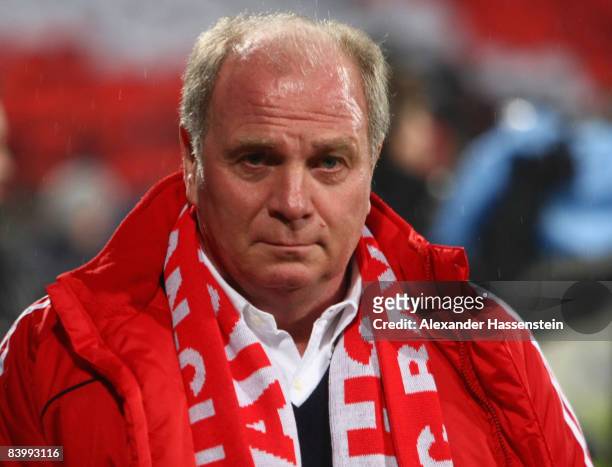 Uli Hoeness, manager of Muenchen prior to the UEFA Champions League Group F match between Olympique Lyonnais and FC Bayern Muenchen at the Stade de...