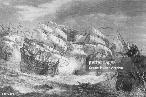 Sir Francis Drake attacks a Spanish treasure ship, circa 1580. By W. B. Gardner.