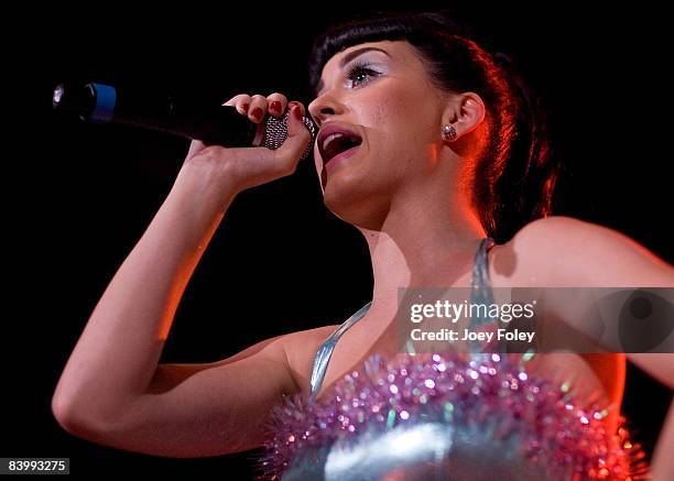 Katy Perry performs during the 2008 WNCI Jingle Ball concert at the Lifestyle Communities Pavilion on December 10, 2008 in Columbus, Ohio.