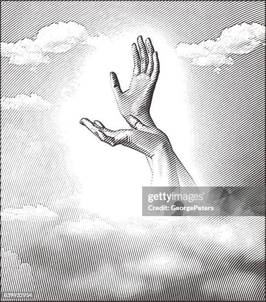 gravur-darstellung der hände zum himmel - vergebung stock-grafiken, -clipart, -cartoons und -symbole
