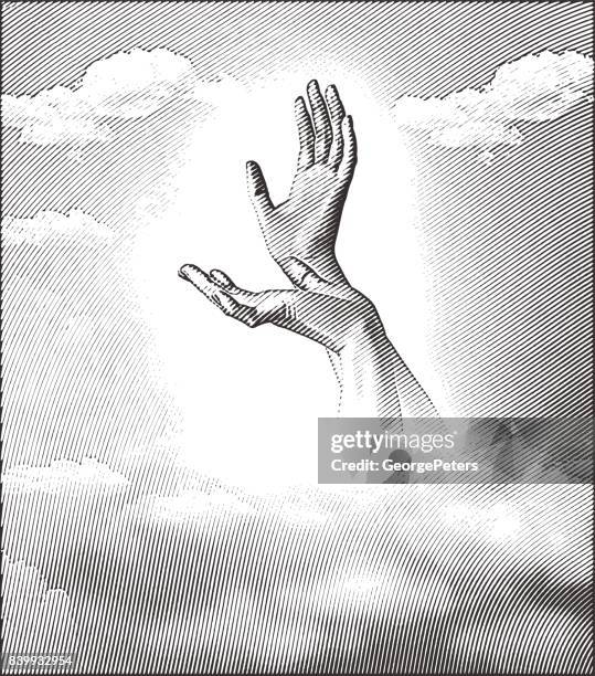 gravur-darstellung der hände zum himmel - praying stock-grafiken, -clipart, -cartoons und -symbole