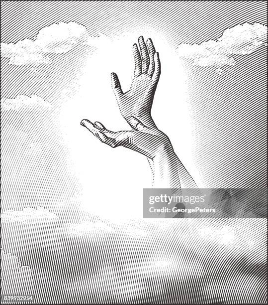 ilustrações de stock, clip art, desenhos animados e ícones de engraving illustration of hands reaching to the sky - deuses