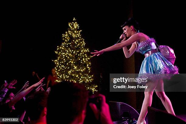 Katy Perry performs during the 2008 WNCI Jingle Ball concert at the Lifestyle Communities Pavilion on December 10, 2008 in Columbus, Ohio.