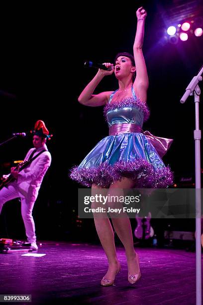 Katy Perry performs during the 2008 WNCI Jingle Ball concert at the Lifestyle Communities Pavilion on December 10, 2008 in Columbus, Ohio.