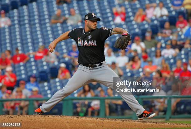 Dustin McGowan of the Miami Marlins throws a pitch in the ninth inning during a game against the Philadelphia Phillies at Citizens Bank Park on...