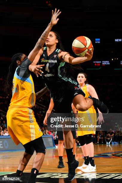 Nayo Raincock-Ekunwe of the New York Liberty goes for a lay up during the game against the Chicago Sky in a WNBA game on August 27, 2017 at Madison...