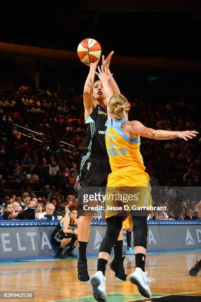 Nayo Raincock-Ekunwe of the New York Liberty shoots the ball during the game against the Chicago Sky in a WNBA game on August 27, 2017 at Madison...