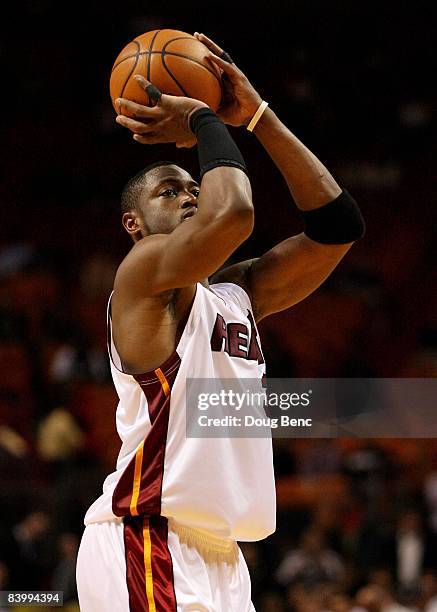 Dwyane Wade of the Miami Heat shoots a free throw while taking on the Charlotte Bobcats at American Airlines Arena on December 8, 2008 in Miami,...