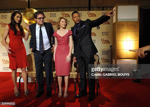Actors Brooke Shields, Rainn Wilson, Elizabeth Banks and Terrence Howard pose during the 66th Annual Golden Globes nomination announcements held at...