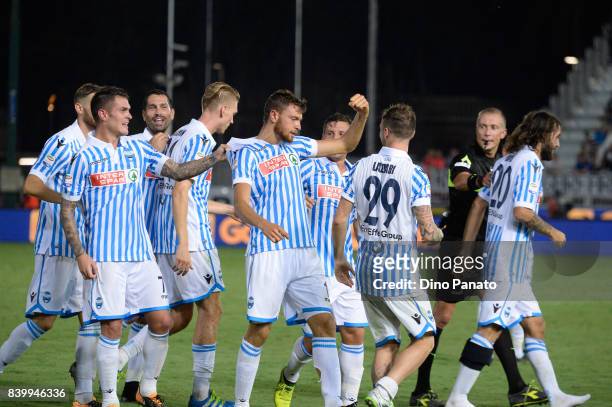 Luca Rizzo of Spal celebrates after scoring his team's third goal during the Serie A match between Spal and Udinese Calcio at Stadio Paolo Mazza on...