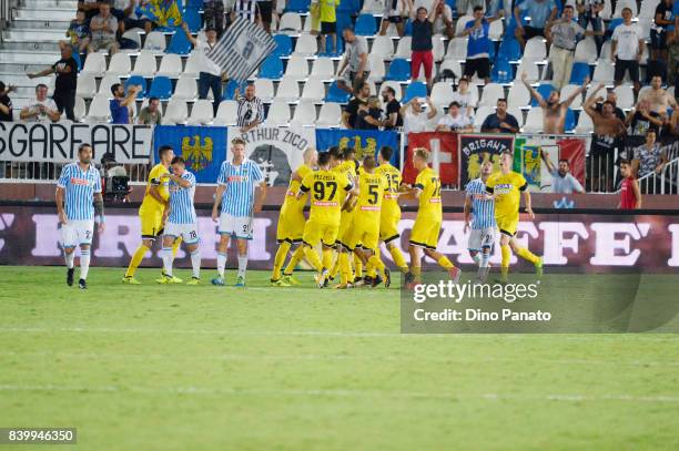 Cyril Thereau of Udinese Calcio celebrates after scoring his team's second goal from the penalty spot during the Serie A match between Spal and...