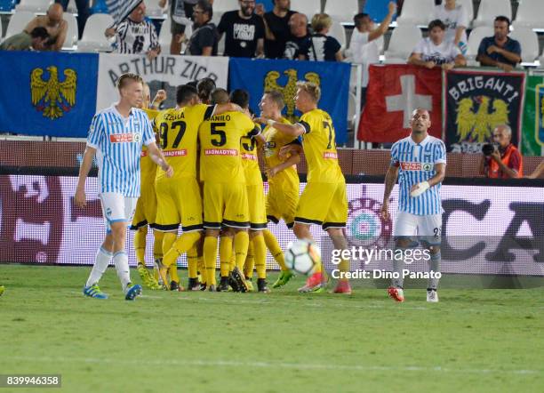 Cyril Thereau of Udinese Calcio celebrates after scoring his team's second goal from the penalty spot during the Serie A match between Spal and...