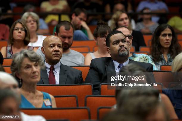 Charlottesville City Manager Maurice Jones and Police Chief Al Thomas Jr. Attend a 'community recovery' town hall meeting conducted by the Department...