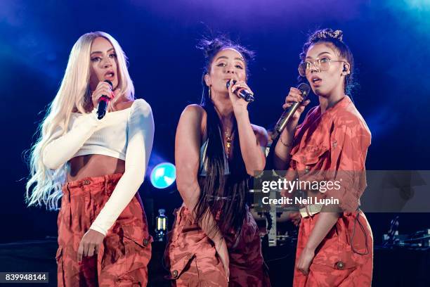 Annie Ashcroft, Frankee Connolly and Nadine Samuels of M.O perform live on stage during V Festival 2017 at Hylands Park on August 20, 2017 in...