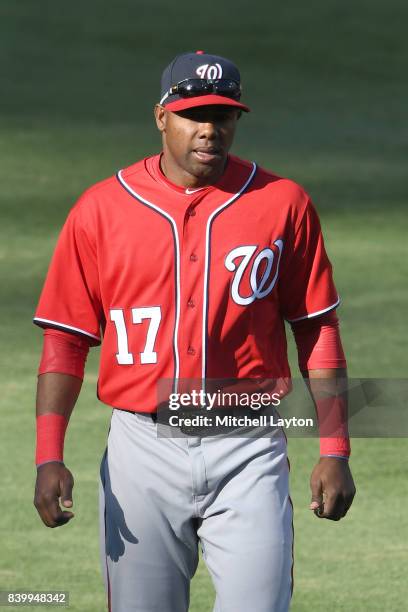 Alejandro De Aza of the Washington Nationals looks on before a baseball game against the San Diego Padres at Petco Park on August 19, 2017 in San...