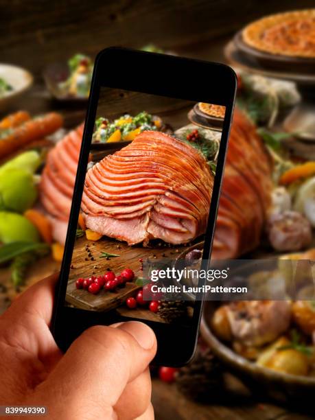 food selfie - holiday spiral ham dinner - spiral ham stock pictures, royalty-free photos & images