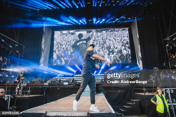 Walshy Fire of Major Lazer performs on the main stage during day 3 at Leeds Festival at Bramhall Park on August 27, 2017 in Leeds, England.