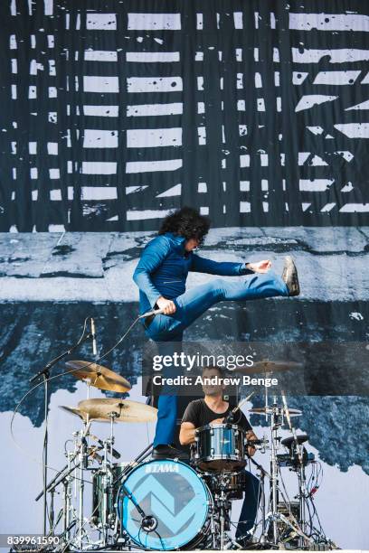 Cedric Bixler-Zavala of At The Drive-In performs on the main stage during day 3 at Leeds Festival at Bramhall Park on August 27, 2017 in Leeds,...