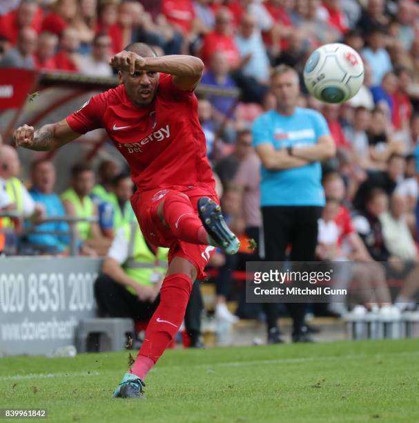 Jake Caprice of Leyton Orient during the National League match between Leyton Orient and Eastleigh at The Matchroom Stadium on August 26, 2017 in...