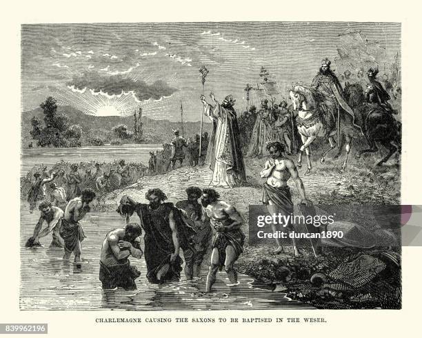 charlemagne causing the saxons to be baptised - christian baptism stock illustrations