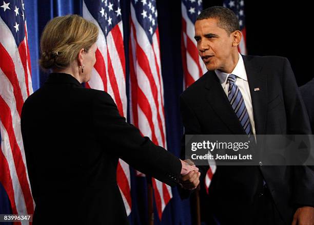 President-Elect Barack Obama greets Jeanne Lambrew, who will serve as deputy director of the new White House office of Health Reform during a press...