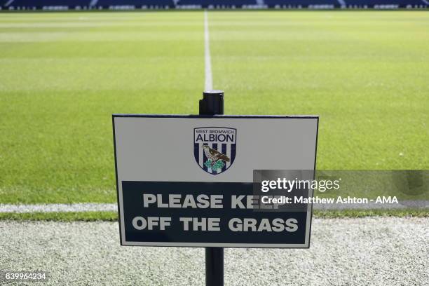 Detail view of a Please Keep off the Grass sign at The Hawthorns home of West Bromwich Albionduring the Premier League match between West Bromwich...