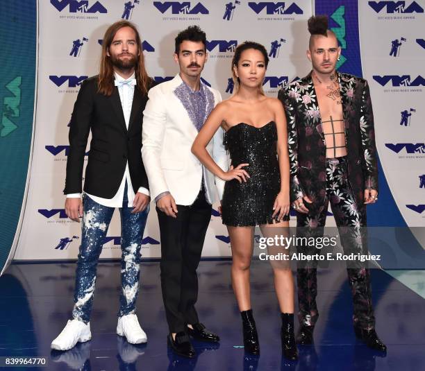 Jack Lawless, Joe Jonas, JinJoo Lee and Cole Whittle of musical group DNCE attends the 2017 MTV Video Music Awards at The Forum on August 27, 2017 in...