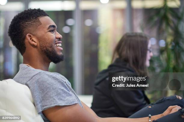 Karl-Anthony Towns and Ashley Glassel live stream "Call of Duty: WWII" beta on August 27, 2017 in Minneapolis, Minnesota.