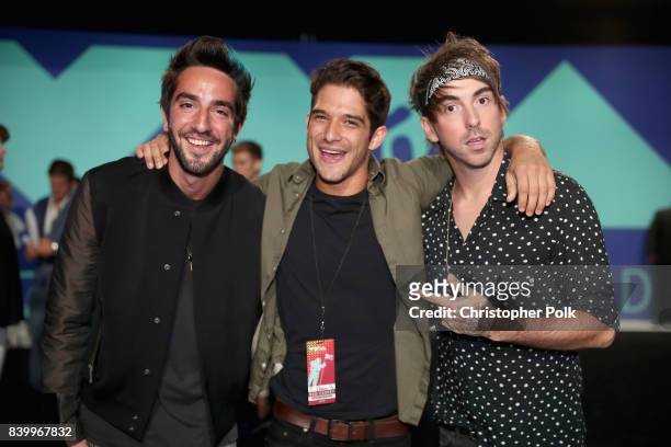 Jack Barakat of All Time Low, Tyler Posey and Alex Gaskarth of All Time Low attend the 2017 MTV Video Music Awards at The Forum on August 27, 2017 in...
