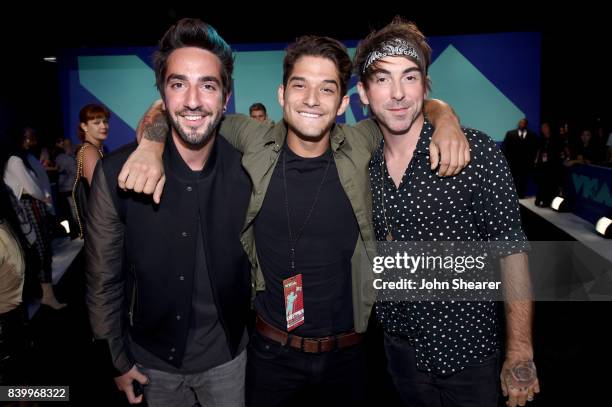 Tyler Posey and Jack Barakat and Alex Gaskarth of All Time Low attend the 2017 MTV Video Music Awards at The Forum on August 27, 2017 in Inglewood,...