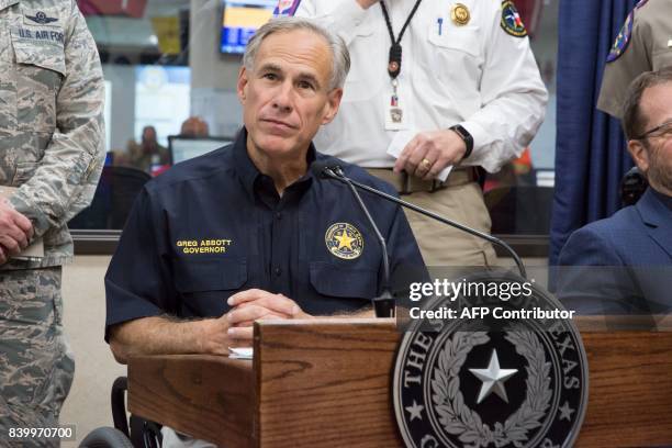 Texas Governor Greg Abbott gives briefing at the State of Texas Emergency Command Center at DPS headquarters in Austin as they monitor Hurricane...