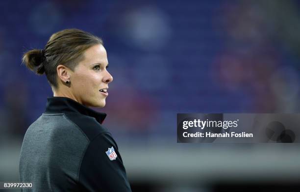 Assistant coach Katie Sowers of the San Francisco 49ers looks on before the preseason game against the Minnesota Vikings on August 27, 2017 at U.S....