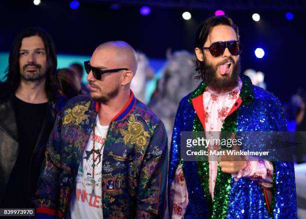 Tomo Milicevic, Shannon Leto and Jared Leto of musical group Thirty Seconds to Mars attend the 2017 MTV Video Music Awards at The Forum on August 27,...