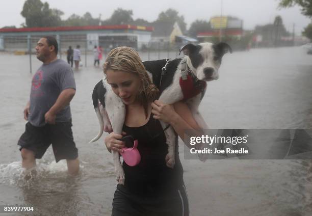 Naomi Coto carries Simba on her shoulders as they evacuate their home after the area was inundated with flooding from Hurricane Harvey on August 27,...