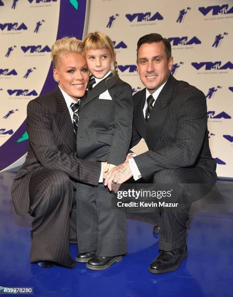 Pink, Willow Sage Hart and Carey Hart attend the 2017 MTV Video Music Awards at The Forum on August 27, 2017 in Inglewood, California.