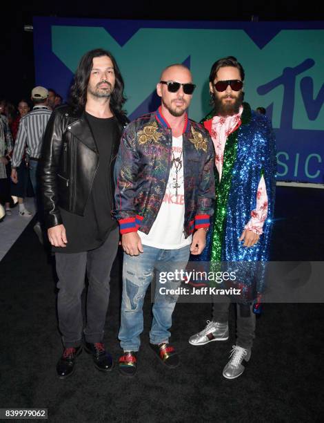 Tomo Milicevic, Shannon Leto and Jared Leto attend the 2017 MTV Video Music Awards at The Forum on August 27, 2017 in Inglewood, California.