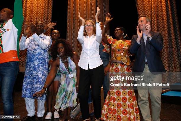 Minister of Culture Francoise Nyssen dances with dancers of Cote d'Ivoire during the 10th Angouleme French-Speaking Film Festival : Closing Ceremony...