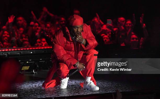 Kendrick Lamar performs onstage during the 2017 MTV Video Music Awards at The Forum on August 27, 2017 in Inglewood, California.