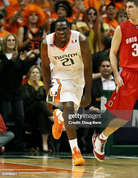 Dwayne Collins of the Miami Hurricanes celebrates after hitting a basket in the second half against the Ohio State Buckeyes at BankUnited Center on...