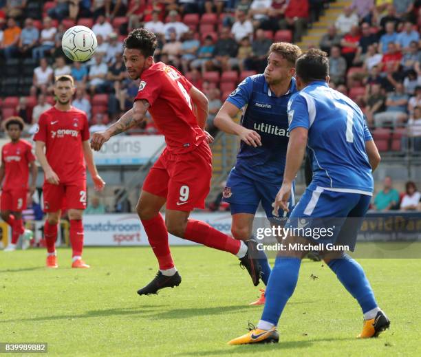 Macauley Bonne of Leyton Orient heads the ball during the National League match between Leyton Orient and Eastleigh at The Matchroom Stadium on...