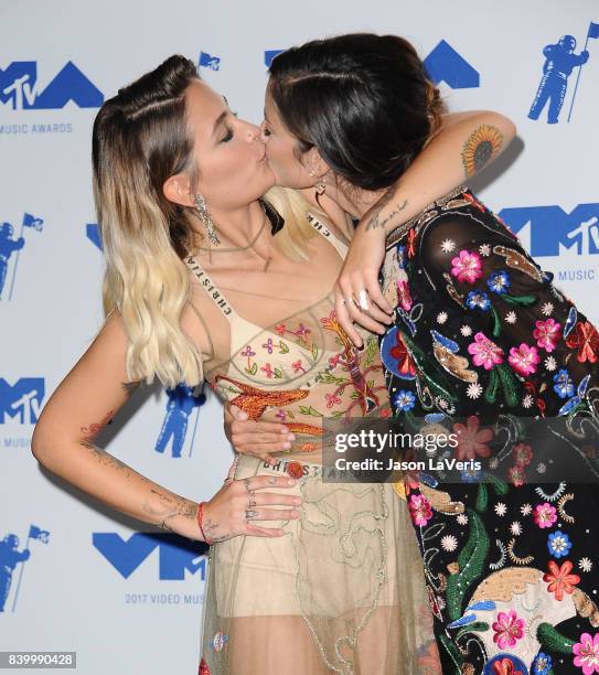 Paris Jackson and Caroline D'Amore pose in the press room at the 2017 MTV Video Music Awards at The Forum on August 27, 2017 in Inglewood, California.