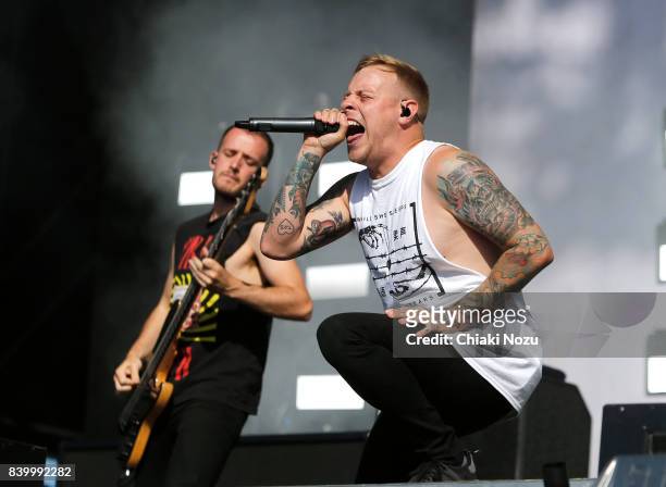 Alex Dean and Sam Carter of Architects perform at Reading Festival at Richfield Avenue on August 27, 2017 in Reading, England.