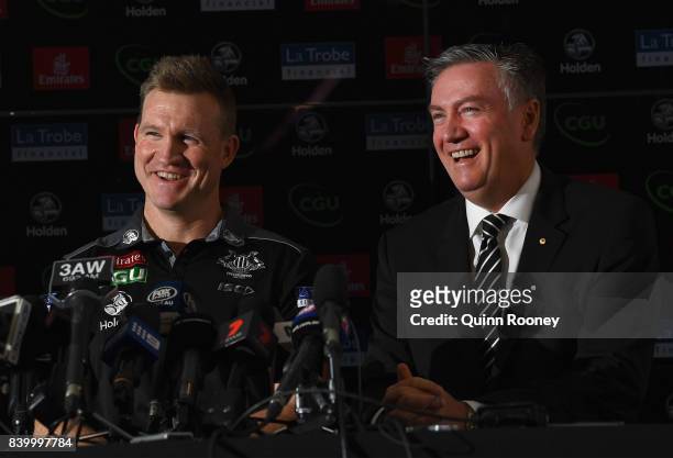 Nathan Buckley the coach and Eddie McGuire the president have a laugh whilst speaking to the media during a Collingwood Magpies AFL press conference...