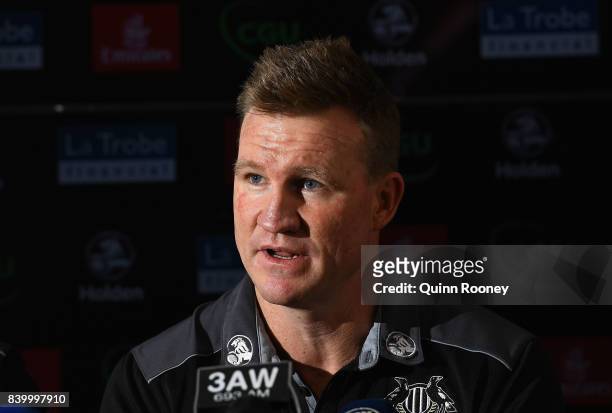 Nathan Buckley the coach of the Magpies speaks to the media during a Collingwood Magpies AFL press conference at the Holden Centre on August 28, 2017...