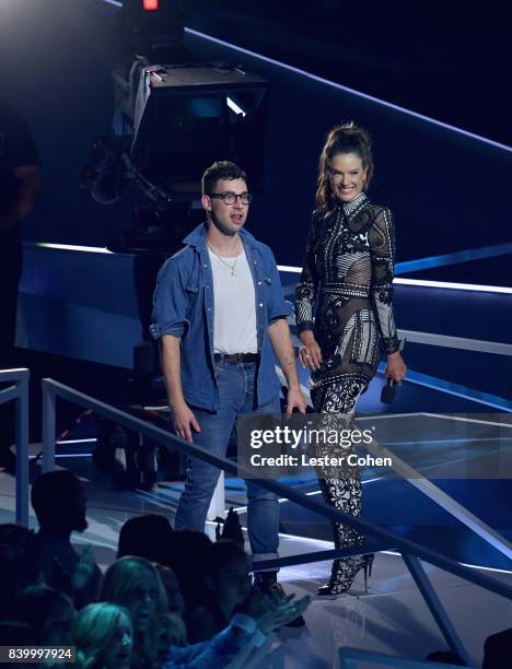 Jack Antonoff and Alessandra Ambrosio onstage during the 2017 MTV Video Music Awards at The Forum on August 27, 2017 in Inglewood, California.