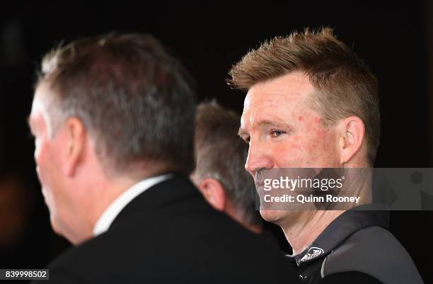 Nathan Buckley the coach and Eddie McGuire the president of the Magpies speak to the media during a Collingwood Magpies AFL press conference at the...