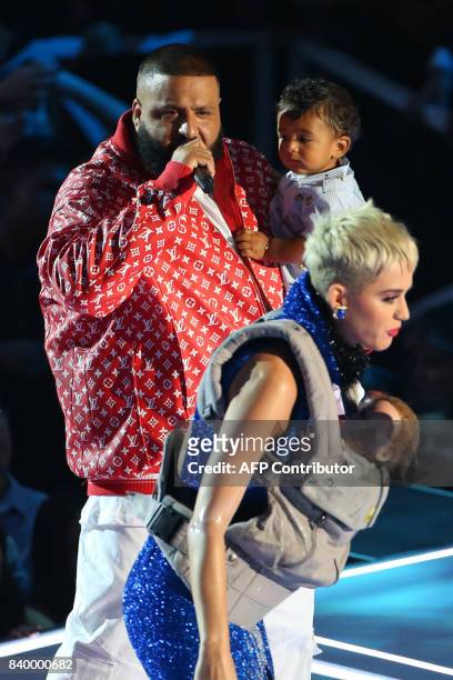 Host Katy Perry and DJ Khaled adress the audience at the MTV Video Music Awards 2017, In Inglewood, California, on August 27, 2017. / AFP PHOTO /...
