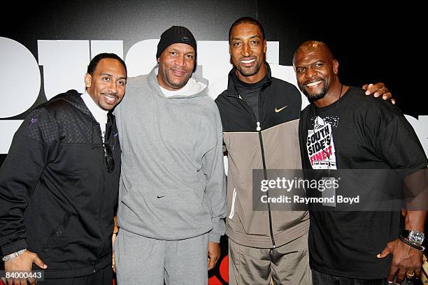 Sports reporter Stephen A. Smith poses for a photo with former Chicago Bulls basketball players Ron Harper and Scottie Pippen, and actor Terry Crews...